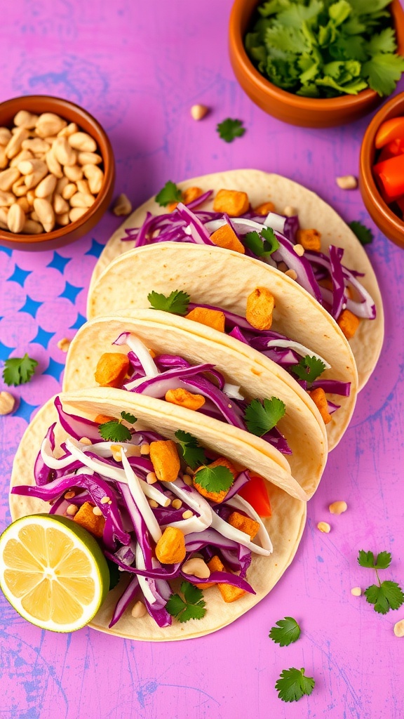 Peanut Tofu Tacos with Cabbage Slaw, garnished with cilantro and served with lime wedges.