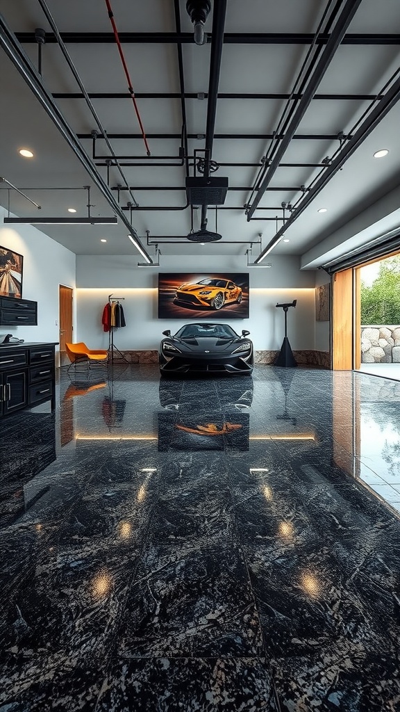 A modern garage featuring a shiny black marble epoxy floor with a luxury car, showcasing elegant design elements.