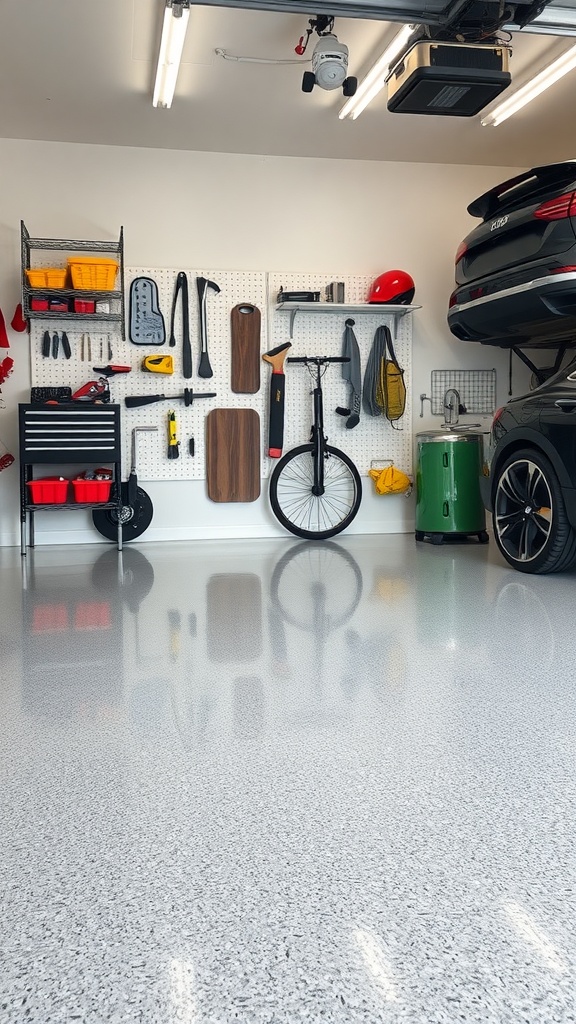 A well-organized garage featuring pegboards for tools and an epoxy floor.
