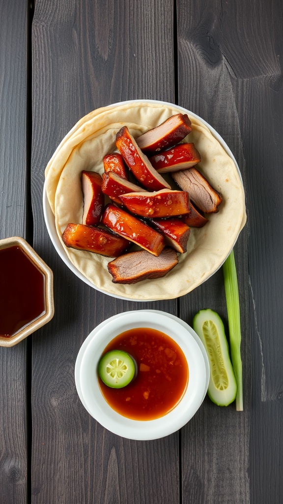 A plate of Peking Duck served with pancakes and condiments.