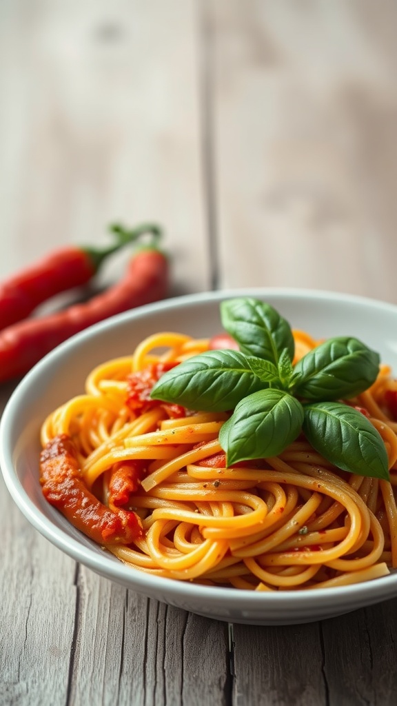 A plate of Penne Arrabbiata topped with fresh basil and chilies.