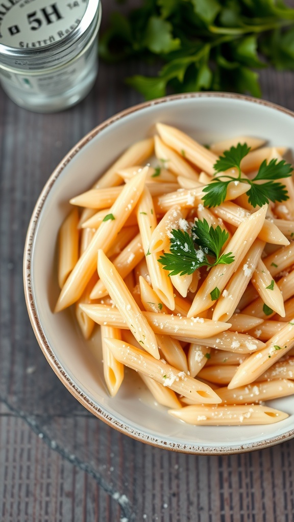 A bowl of creamy penne vodka pasta garnished with parsley and grated cheese.