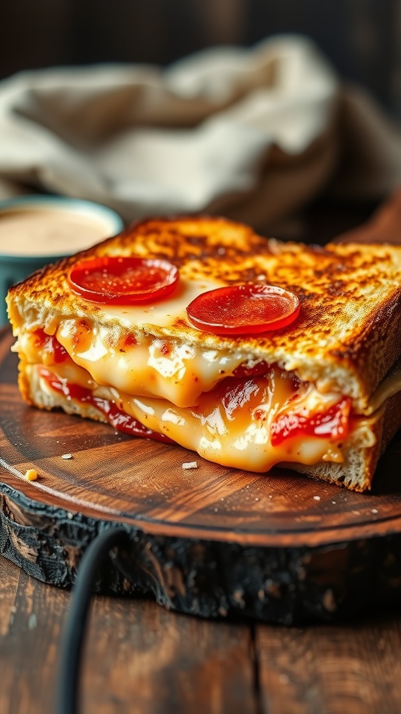 A delicious Pepperoni Pizza Grilled Cheese sandwich, oozy and packed with flavor.