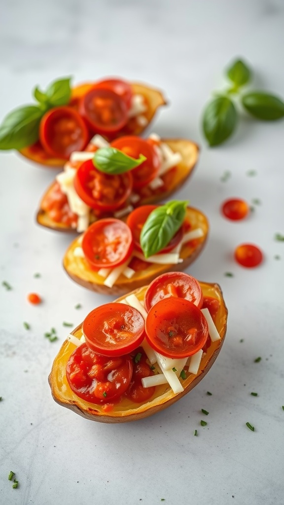 Delicious Pepperoni Pizza Potato Skins topped with cheese and basil