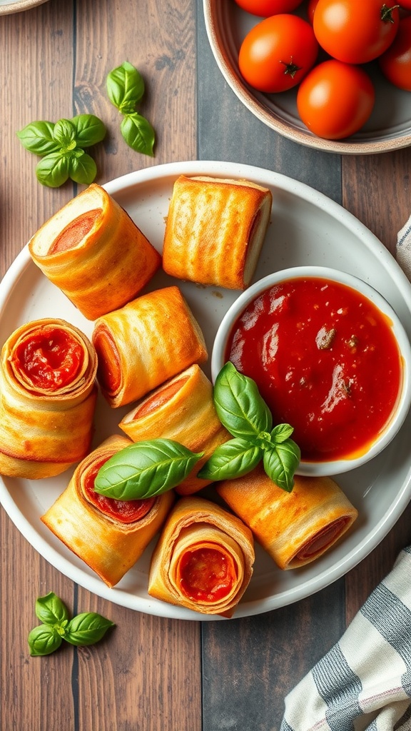 Delicious pepperoni pizza rolls with marinara sauce