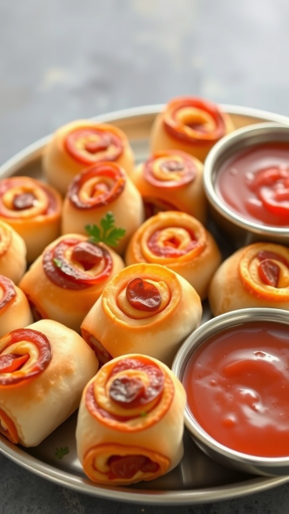 Delicious pepperoni pizza rolls served with marinara sauce.