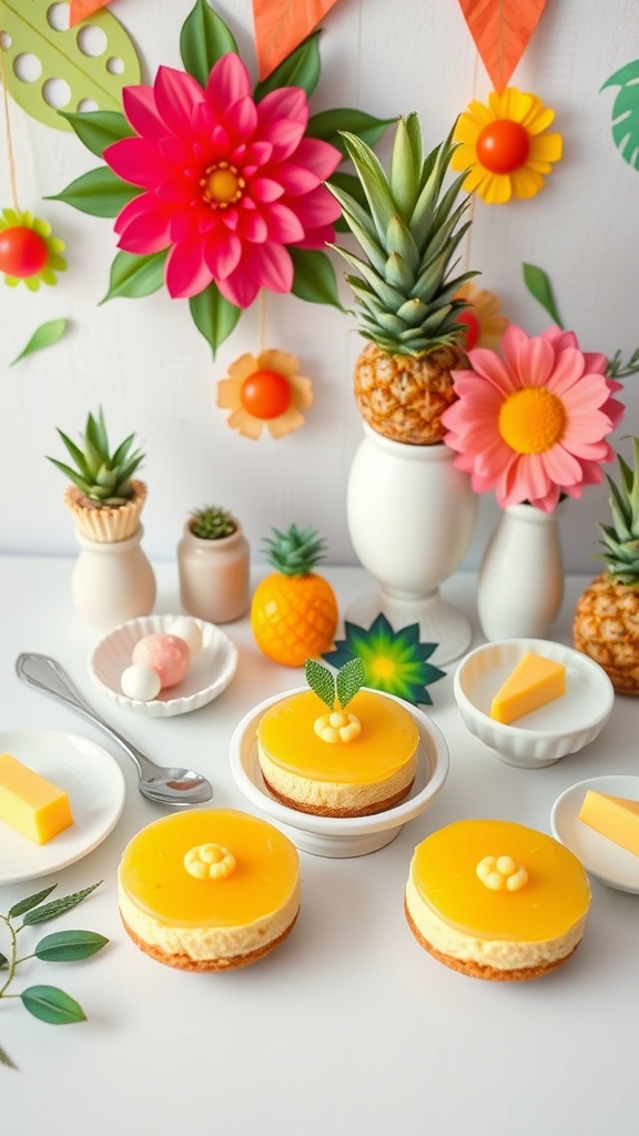 Mini pineapple upside-down cheesecakes decorated with flowers and fresh pineapples.