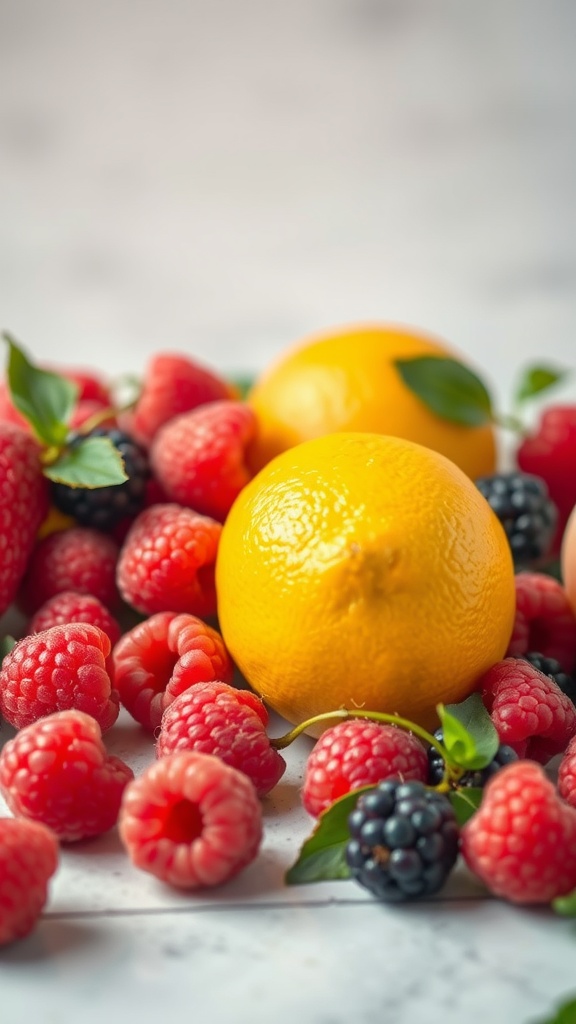 Fresh fruits including lemons and raspberries to garnish desserts.