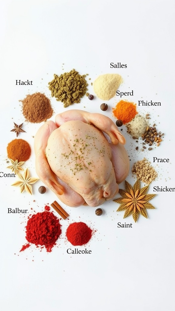 An assortment of spices surrounding a raw chicken, showcasing different seasonings for cooking.