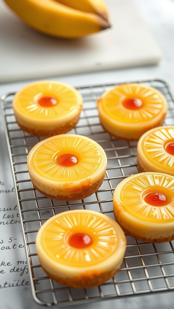 Mini Pineapple Upside-Down Cheesecakes on a cooling rack