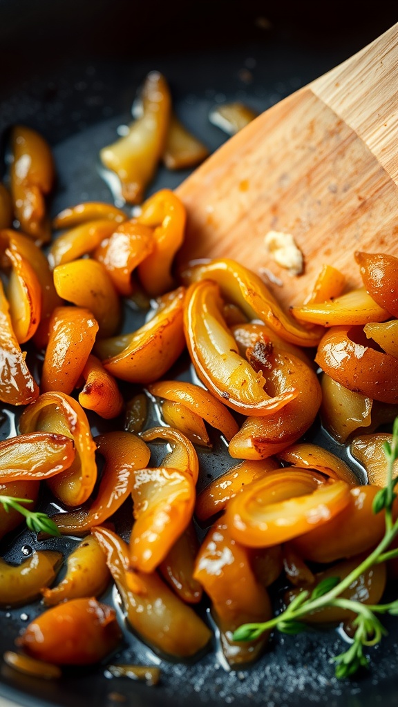 A pan of caramelized onions being stirred with a wooden spoon.