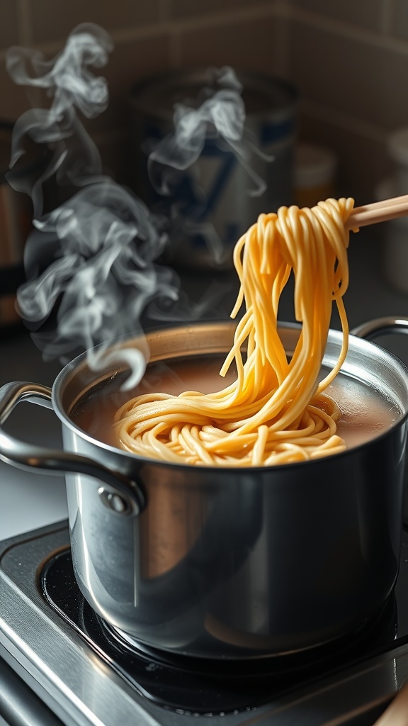 A pot of boiling noodles being lifted with chopsticks.