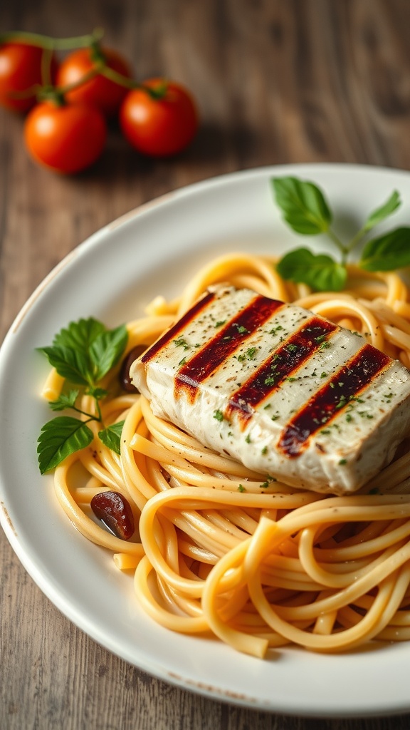 Grilled chicken breast served over pasta with fresh herbs