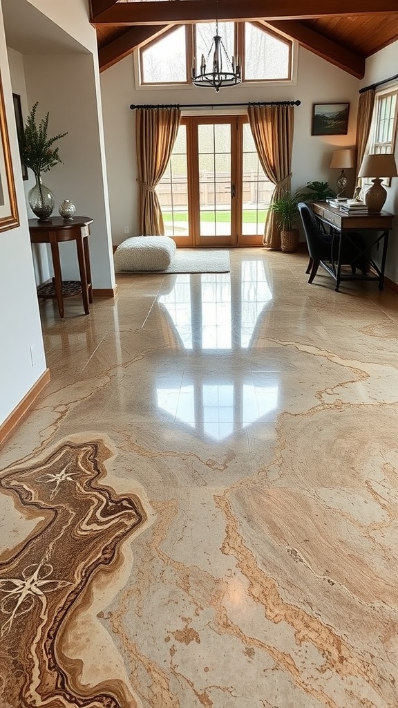Elegant marble-style epoxy floor in a bright room with wooden accents