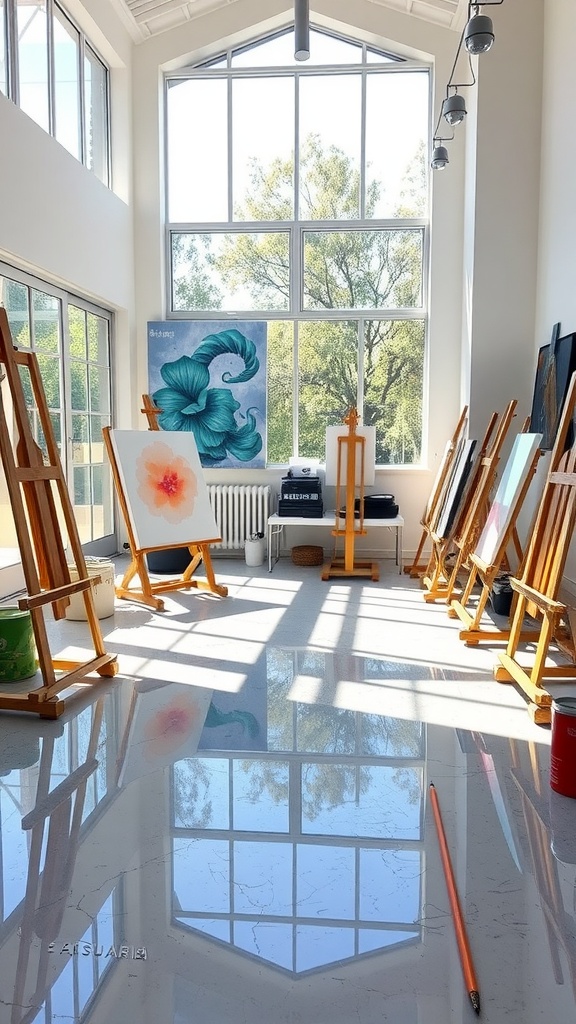 A modern interior space featuring a mix of warm-toned painted concrete and tile floors, adorned with artistic decor.