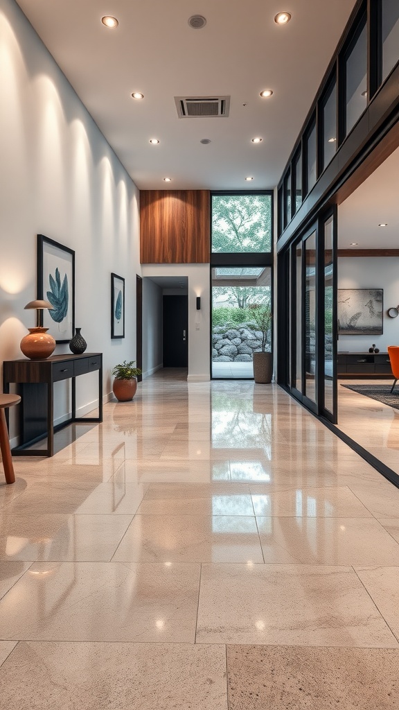 A modern entryway showcasing polished epoxy floors, stylish decor, and architectural lighting.
