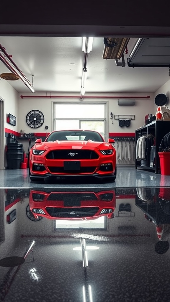 A garage with a black and white checkered epoxy floor and a car parked inside.