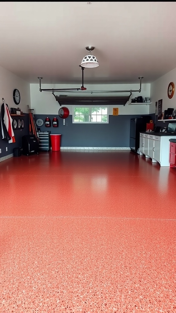 A spacious garage with a shiny red epoxy floor and organized storage.