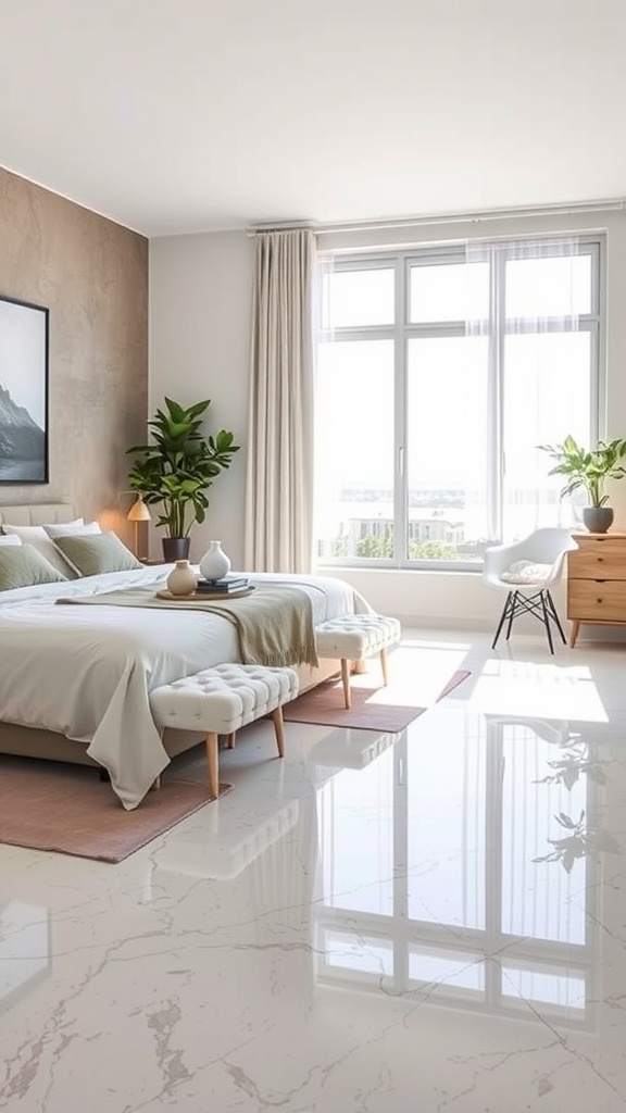 Cozy bedroom featuring a personalized epoxy art floor design with intricate circular patterns.
