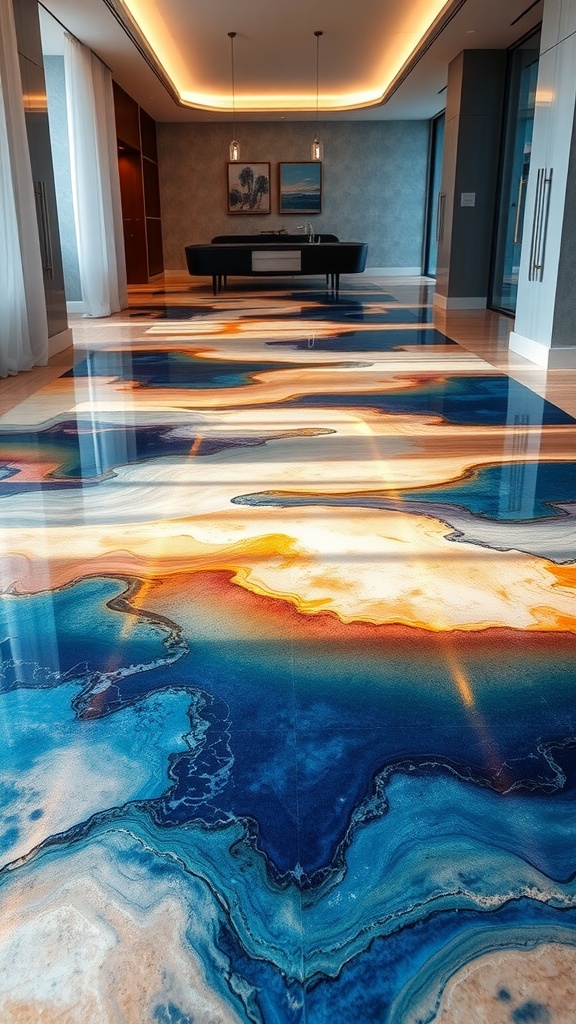 A striking 3D epoxy floor design featuring koi fish in a cosmic setting, enhancing a modern kitchen space.