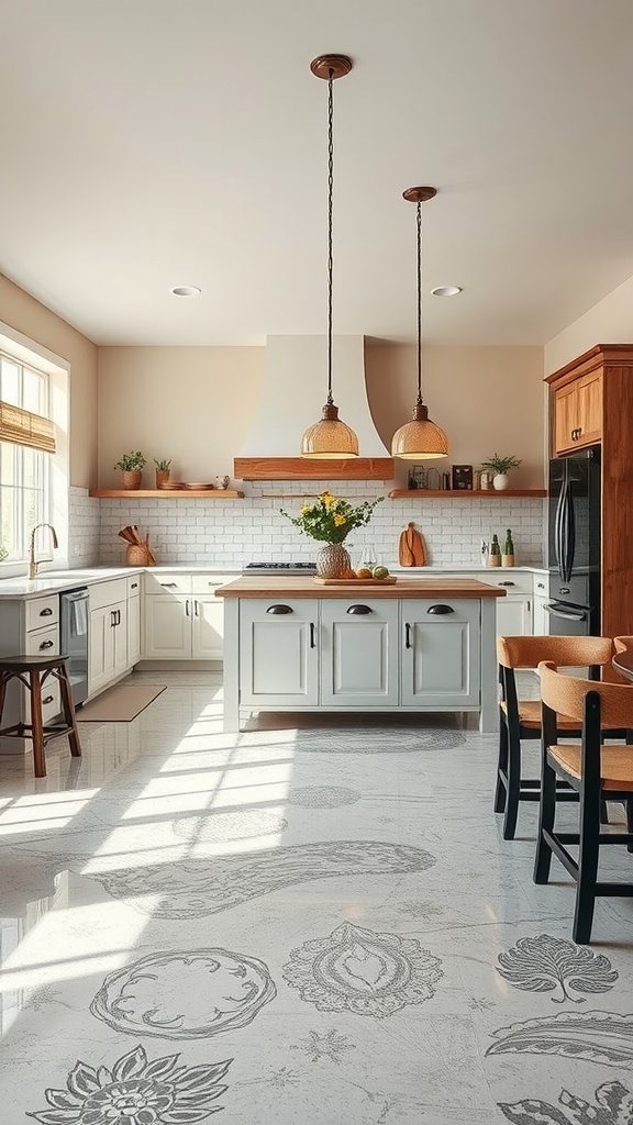 A beautifully designed kitchen with rustic wooden cabinets, a large kitchen island, and a stunning epoxy floor featuring a river design.