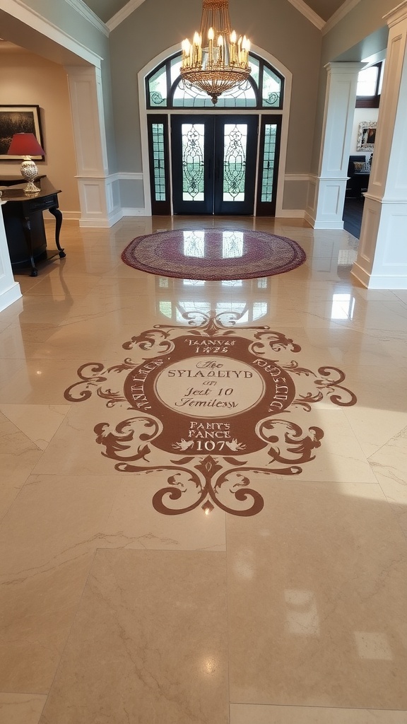 A beautifully designed epoxy concrete floor featuring intricate family crest patterns.