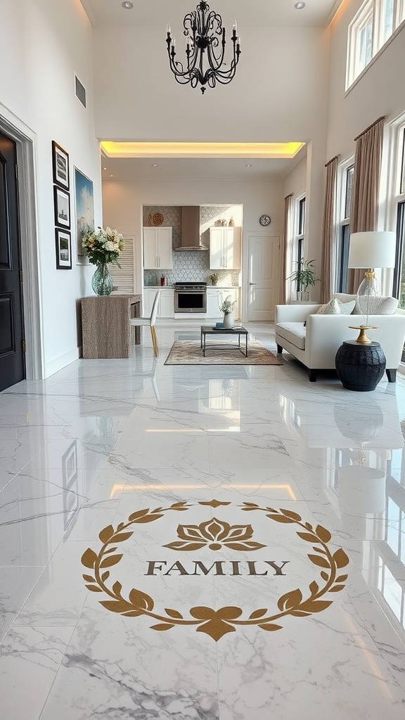 A stylish living room with a custom epoxy floor featuring a family crest design.