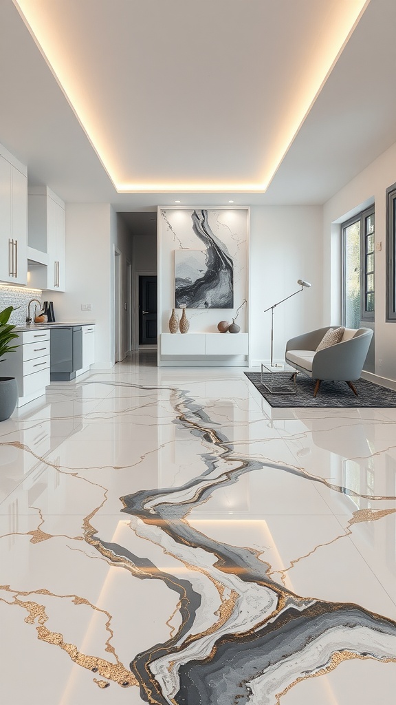 A modern family room featuring a stunning marble epoxy floor with gray and gold accents.