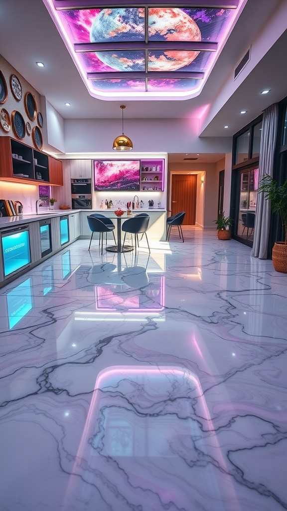 Modern kitchen with glossy resin floors and colorful lighting