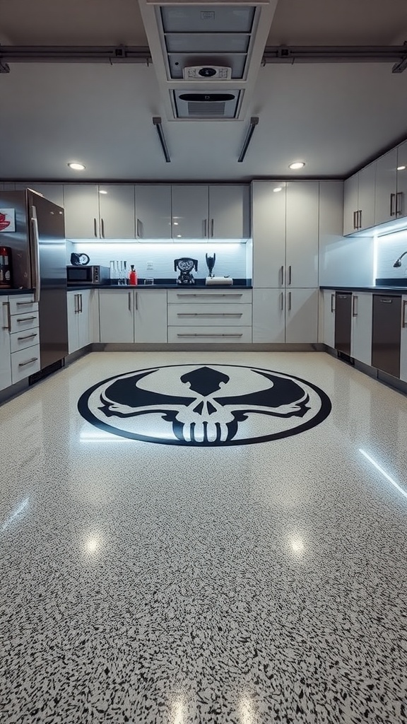 A modern garage with a glossy black epoxy floor, featuring personalized stenciled designs and bright red cabinets.