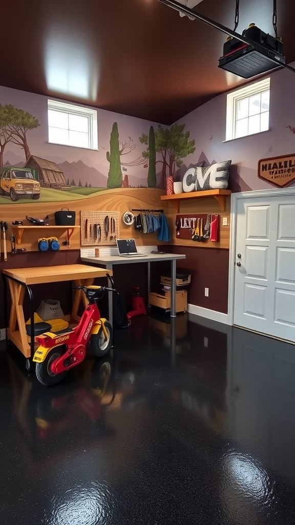 A garage featuring a personalized mural with a scenic landscape, dark epoxy floor, and workspace.