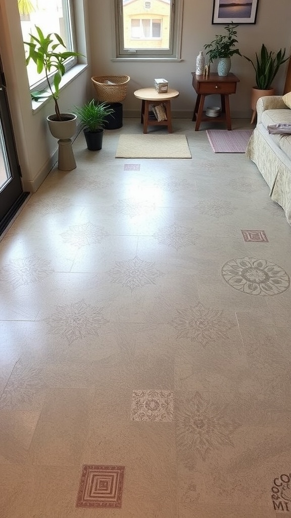 A modern space featuring eco-friendly concrete floors, large windows, and potted plants.