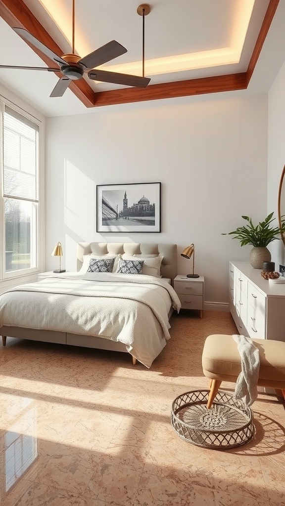 A bedroom with personalized epoxy flooring featuring bold letters, combining modern and cozy decor.