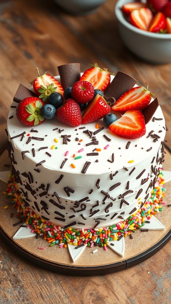 A beautifully decorated Neapolitan cake being cut in a cozy kitchen setting.