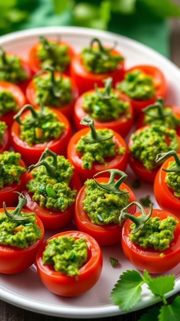Pesto-stuffed cherry tomatoes on a plate, ready to serve.