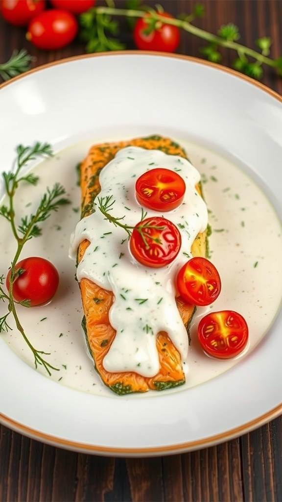 Pesto Baked Salmon with Dill Cream Sauce
