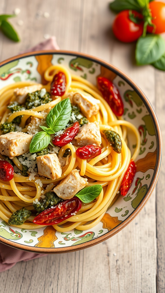 A bowl of pasta with chicken, pesto, and sun-dried tomatoes garnished with basil