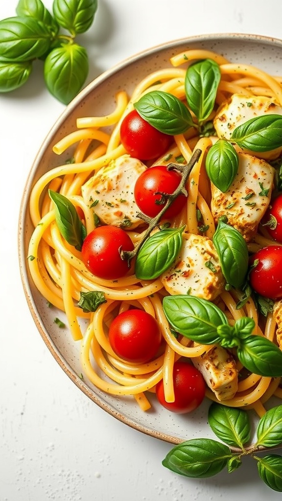 Delicious Pesto Chicken Pasta with Cherry Tomatoes garnished with fresh basil.