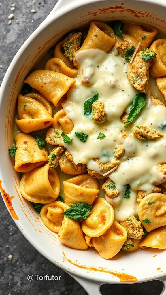 A delicious pesto chicken tortellini bake, showcasing creamy pasta and melted cheese.