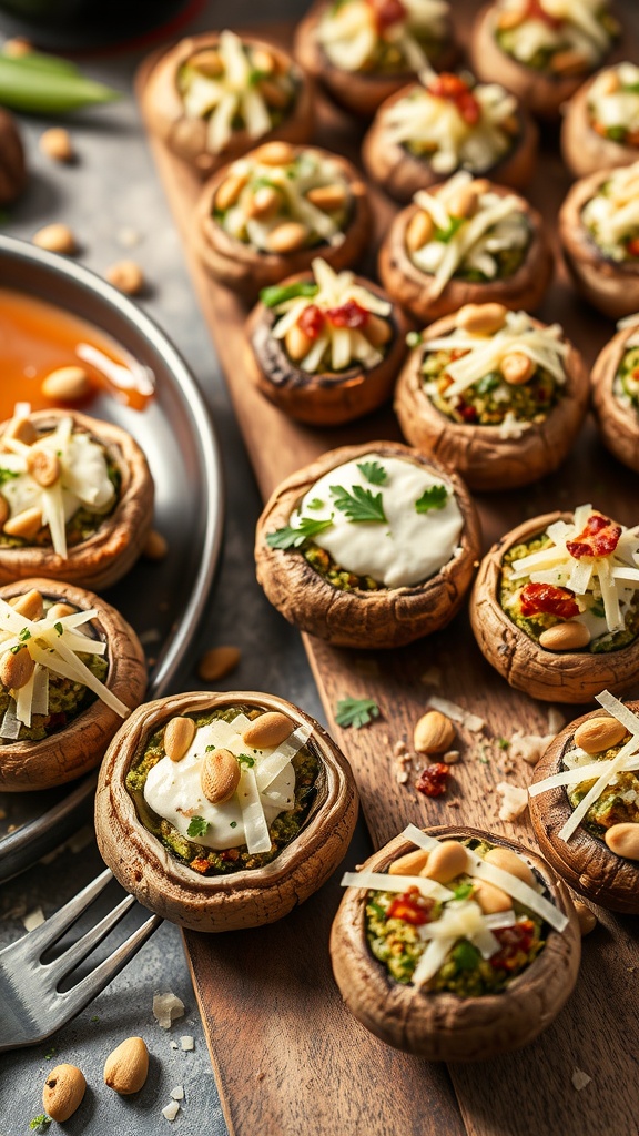 A platter of pesto cream cheese stuffed mushrooms garnished with nuts and herbs.