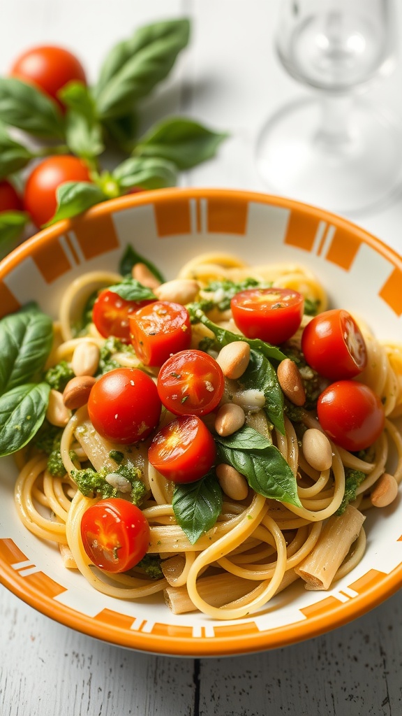 A bowl of pesto pasta topped with cherry tomatoes and basil leaves.