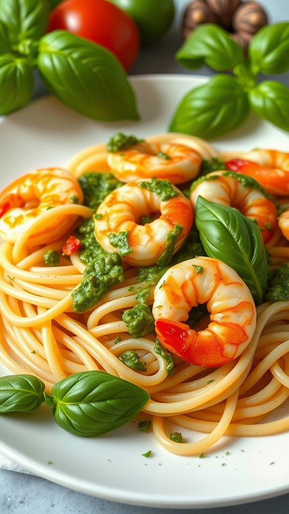 A plate of pesto shrimp pasta garnished with fresh basil.