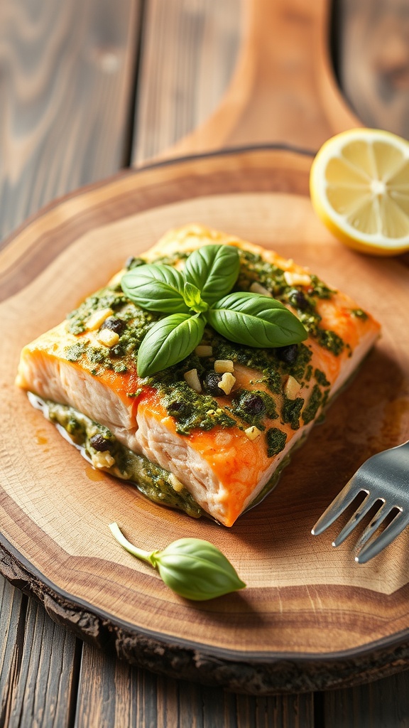 Deliciously prepared pesto stuffed salmon on a wooden plate garnished with basil and lemon.