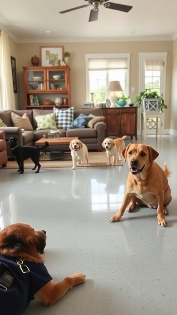 A modern living room with epoxy flooring and two dogs, showcasing a pet-friendly environment.