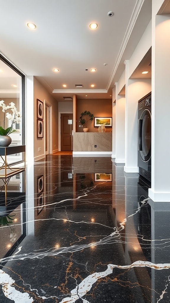Luxurious black marble epoxy floor in a modern laundry room with washing machine and elegant decor.