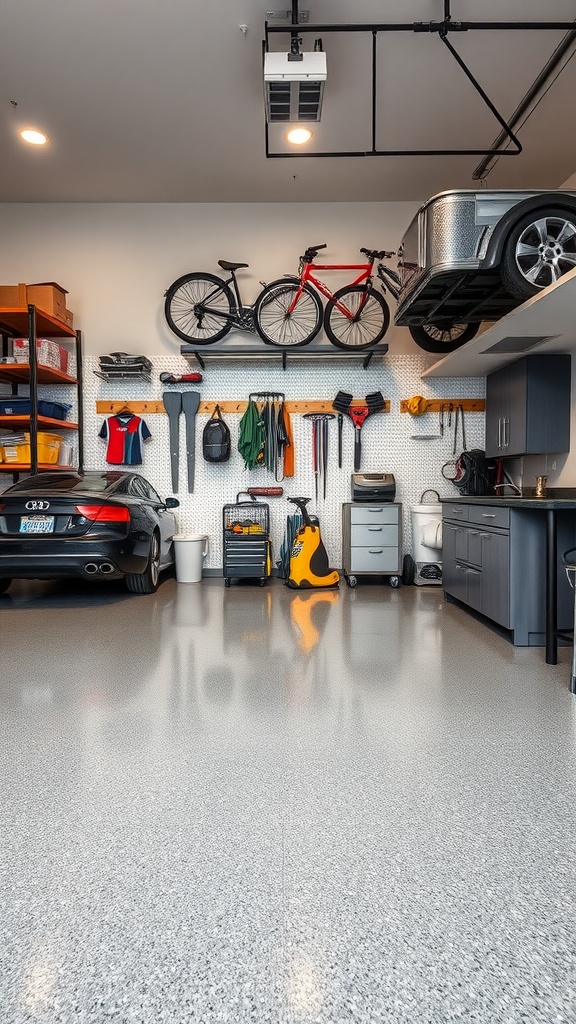 Organized garage with epoxy floors featuring wall-mounted storage for pet equipment.