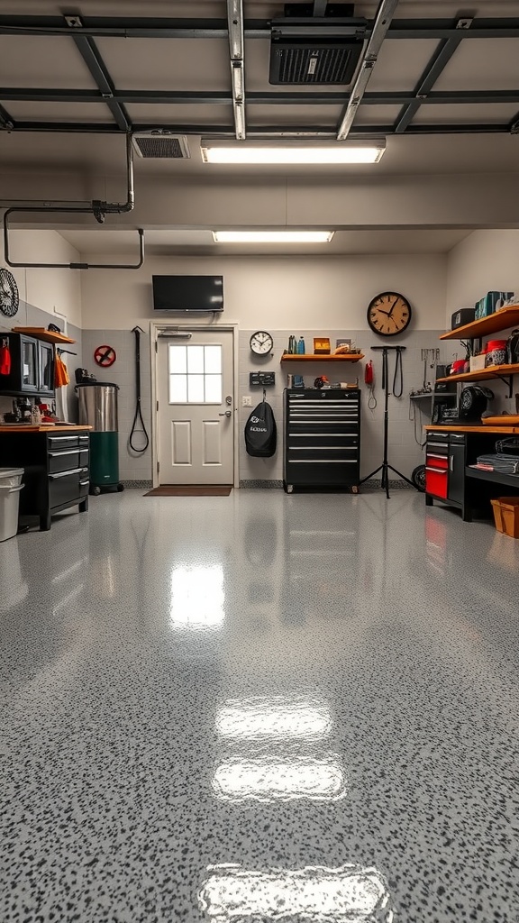 A clean and organized garage workshop with epoxy flooring, suitable for various projects including pet grooming.