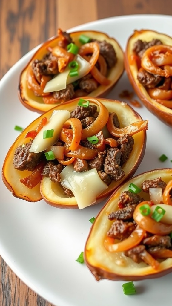 Philly cheesesteak potato skins topped with beef, peppers, and cheese.