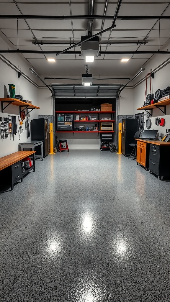 A well-organized garage workshop with polished epoxy floor and tools neatly arranged.