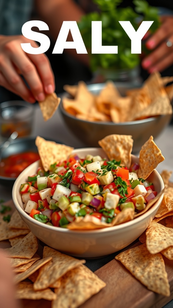 A vibrant bowl of Pico de Gallo with tortilla chips
